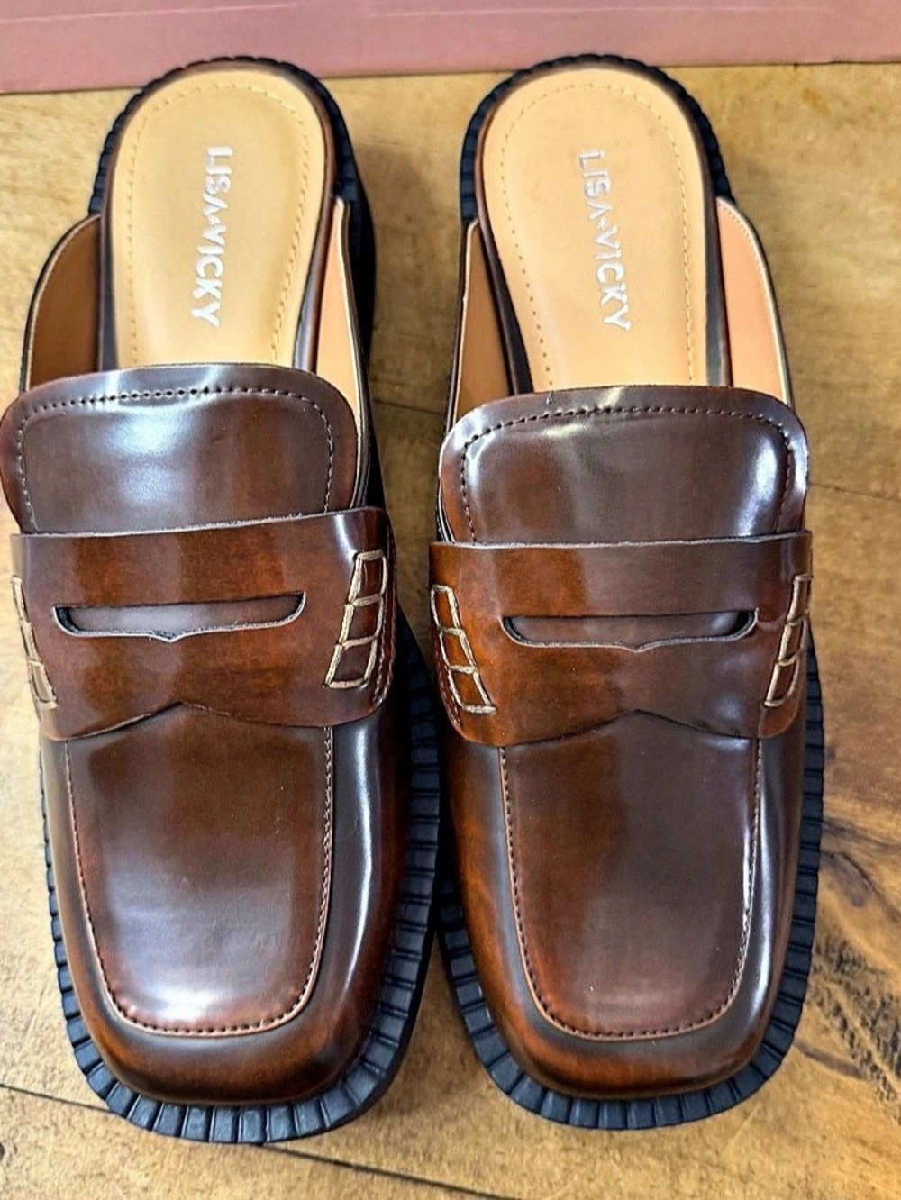 Lisa Vicky Penny Loafer Slip on Mules-cognac brown, sz 7.5 women's NIB